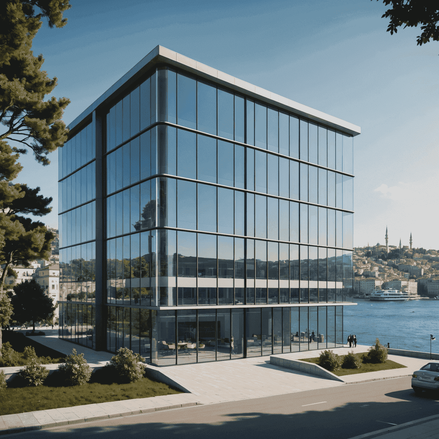 Battwon'un İstanbul'daki yeni ofisinin dış görünümü, modern cam cepheli bir bina, arka planda Boğaz manzarası