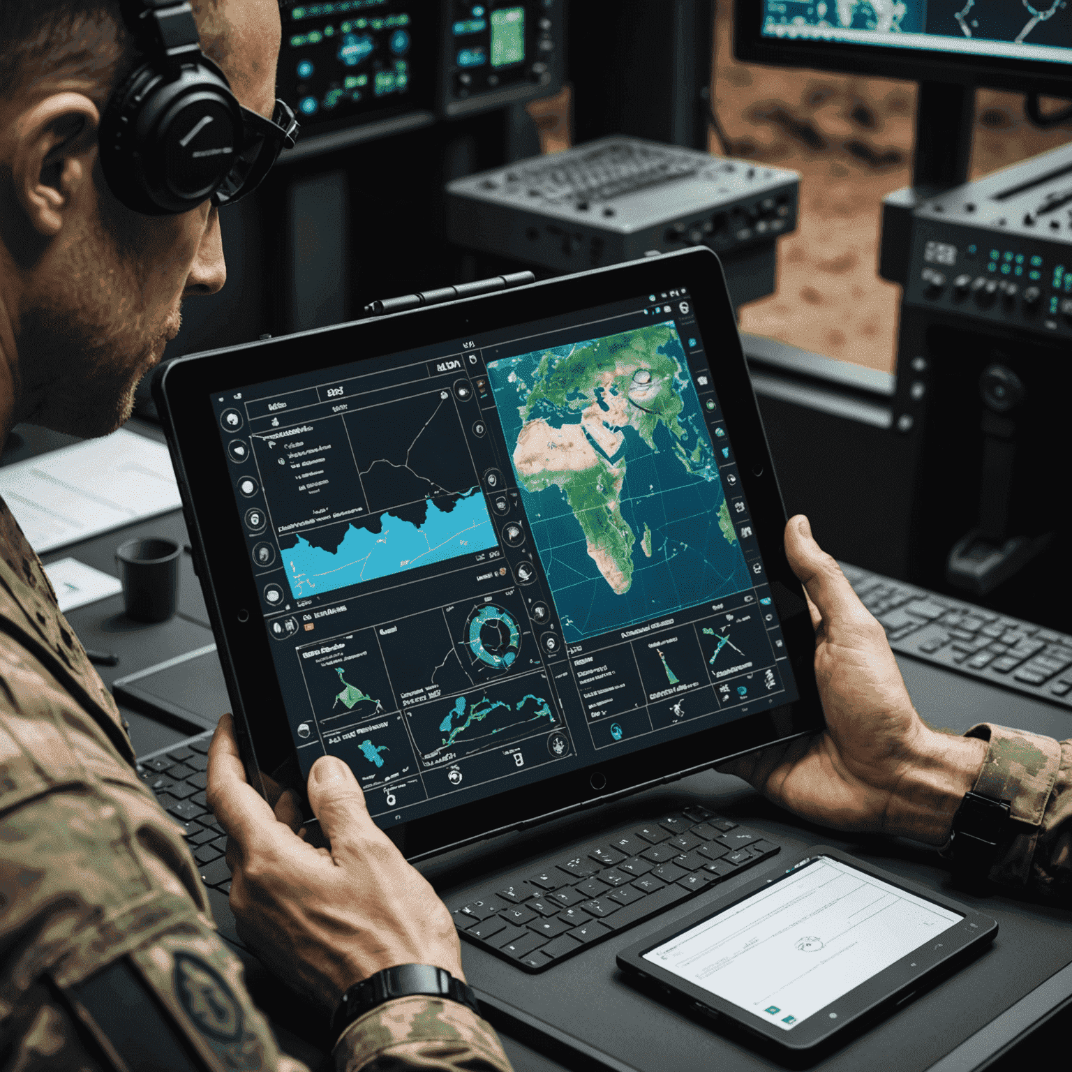 Taktik simülatör geliştirme ekranı gösteren bir tablet. Ekranda 3D askeri operasyon simülasyonu görünüyor.